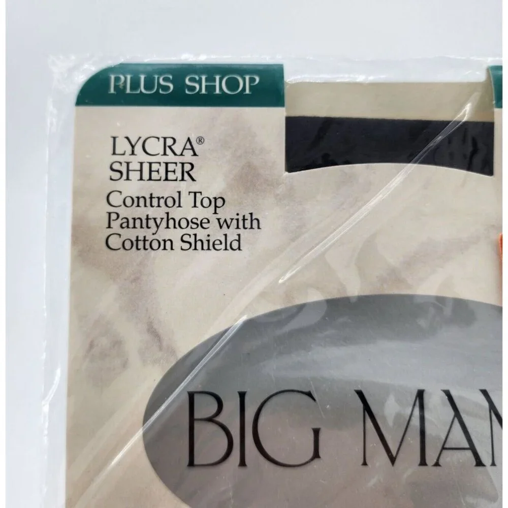 Vtg Big Mama Lycra Sheer Control Top Pantyhose‎ Cotton Shield Off Black Sz Large